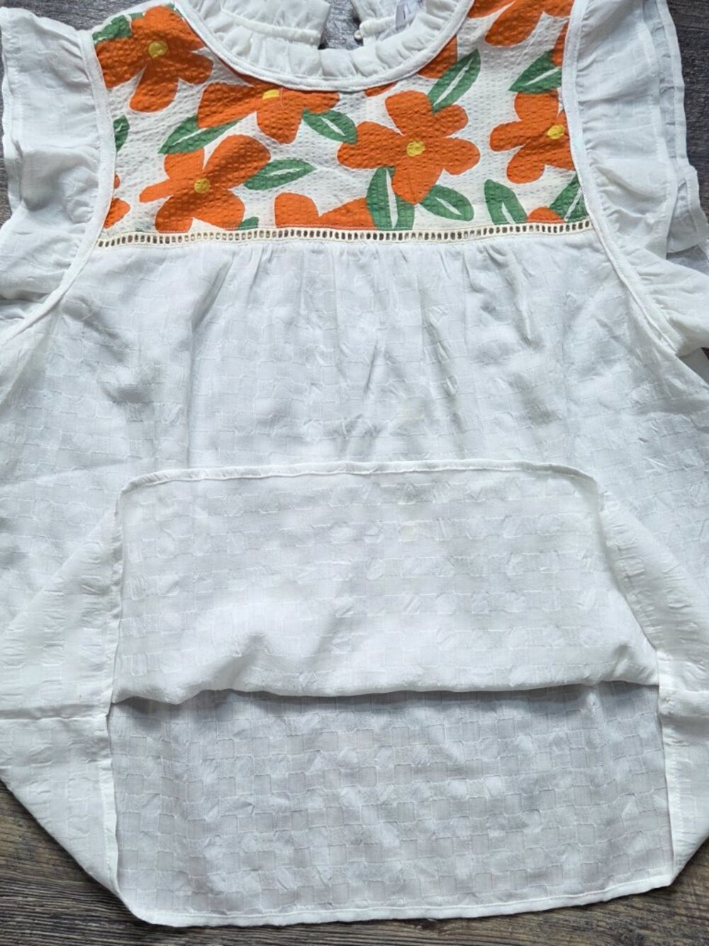 THML White Textured Blouse Orange & Green Yoke Ruffled Flutter Sleeves Sz Med - Picture 3 of 7